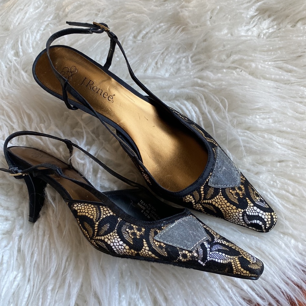 J. Renee Alida Lace Slingback Heels, Black/gold, Size 8.5